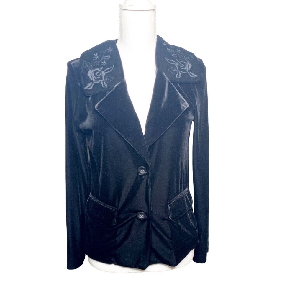 White Stag Vtg Y2k Black Velour Jacket Embroidered Beaded Collar SZ Small